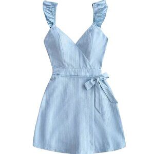 258. Baby Blue Sleeveless V-Neck Ruffle Romper | Size Large | Summer Casual
